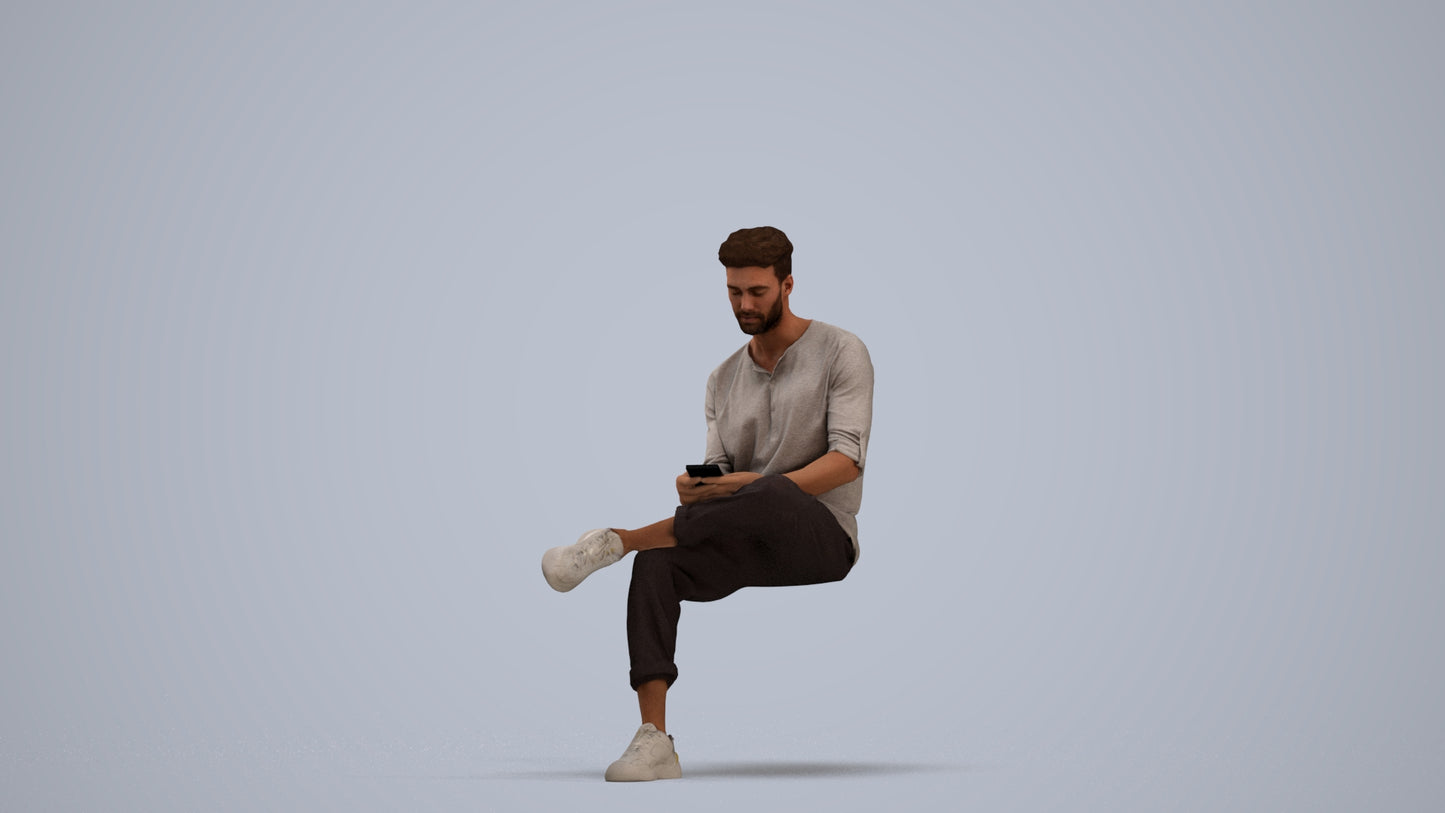 3D human model man casual sitting, photogrammetry scanned person for archviz, standing pose render