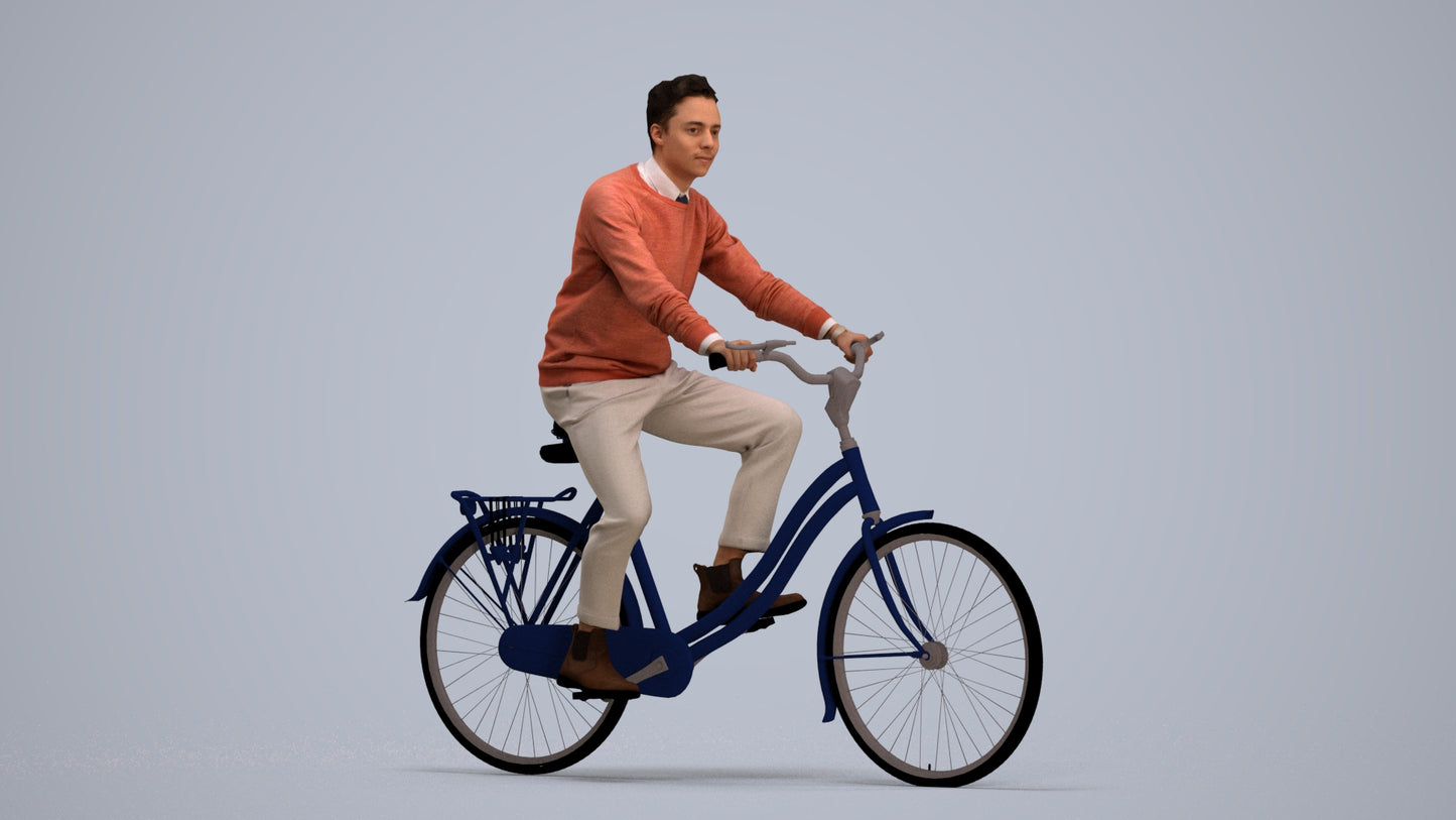 3D human model man casual cycling, photogrammetry scanned person for archviz, standing pose render