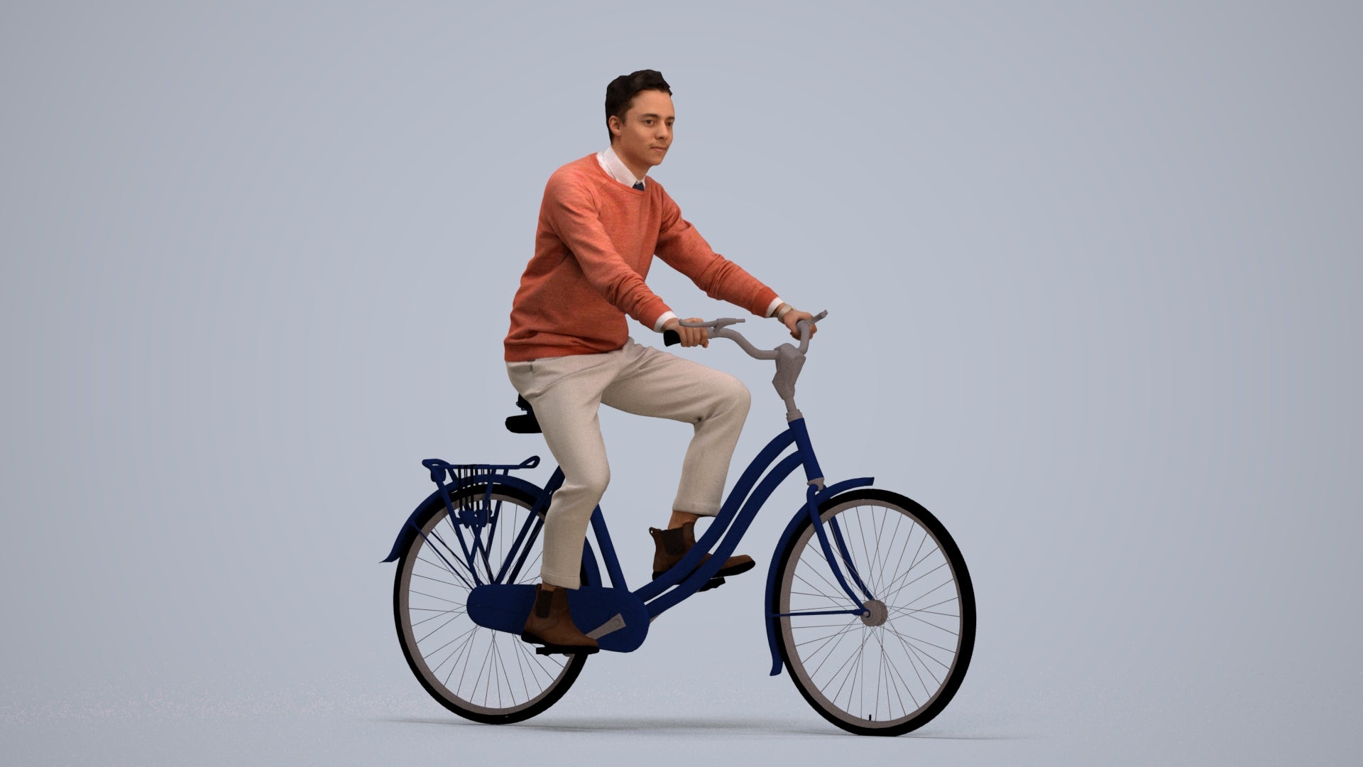 3D human model man casual cycling, photogrammetry scanned person for archviz, standing pose render