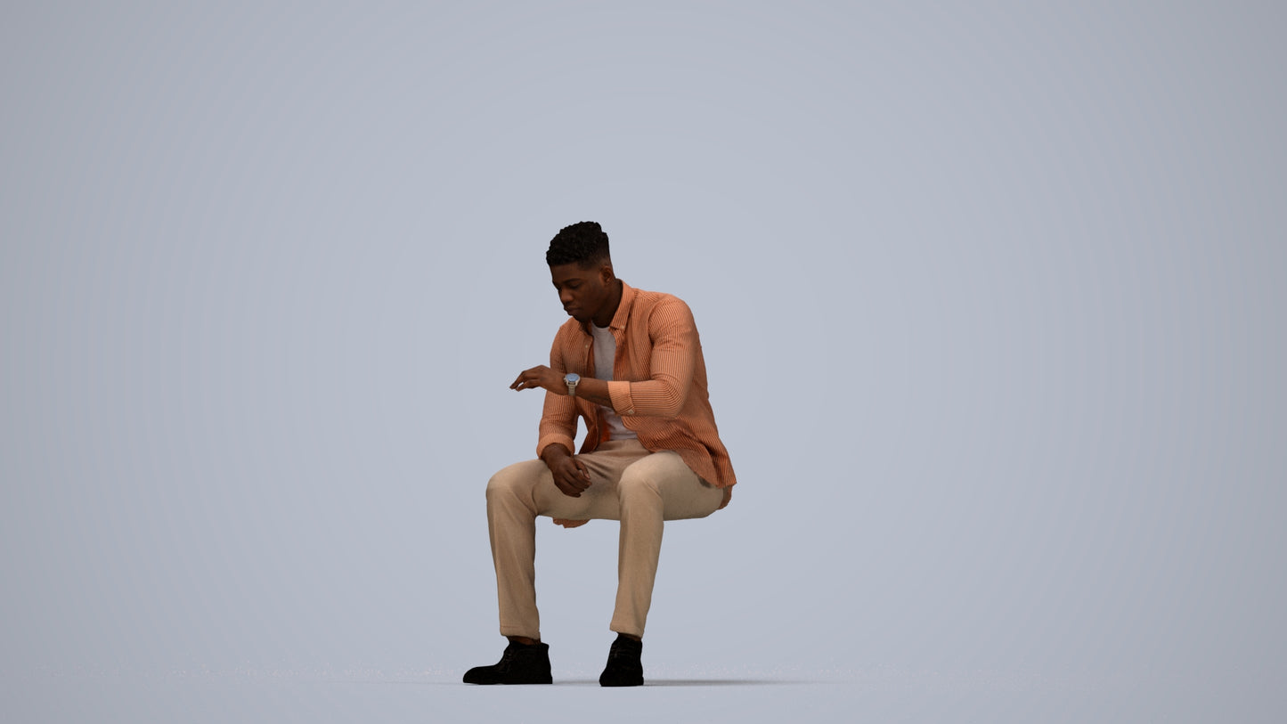 3D human model man casual sitting, photogrammetry scanned person for archviz, top-down view render