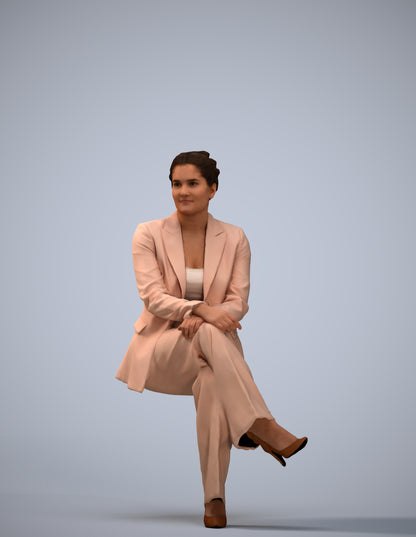 3D human model woman business sitting, photogrammetry scanned person for archviz