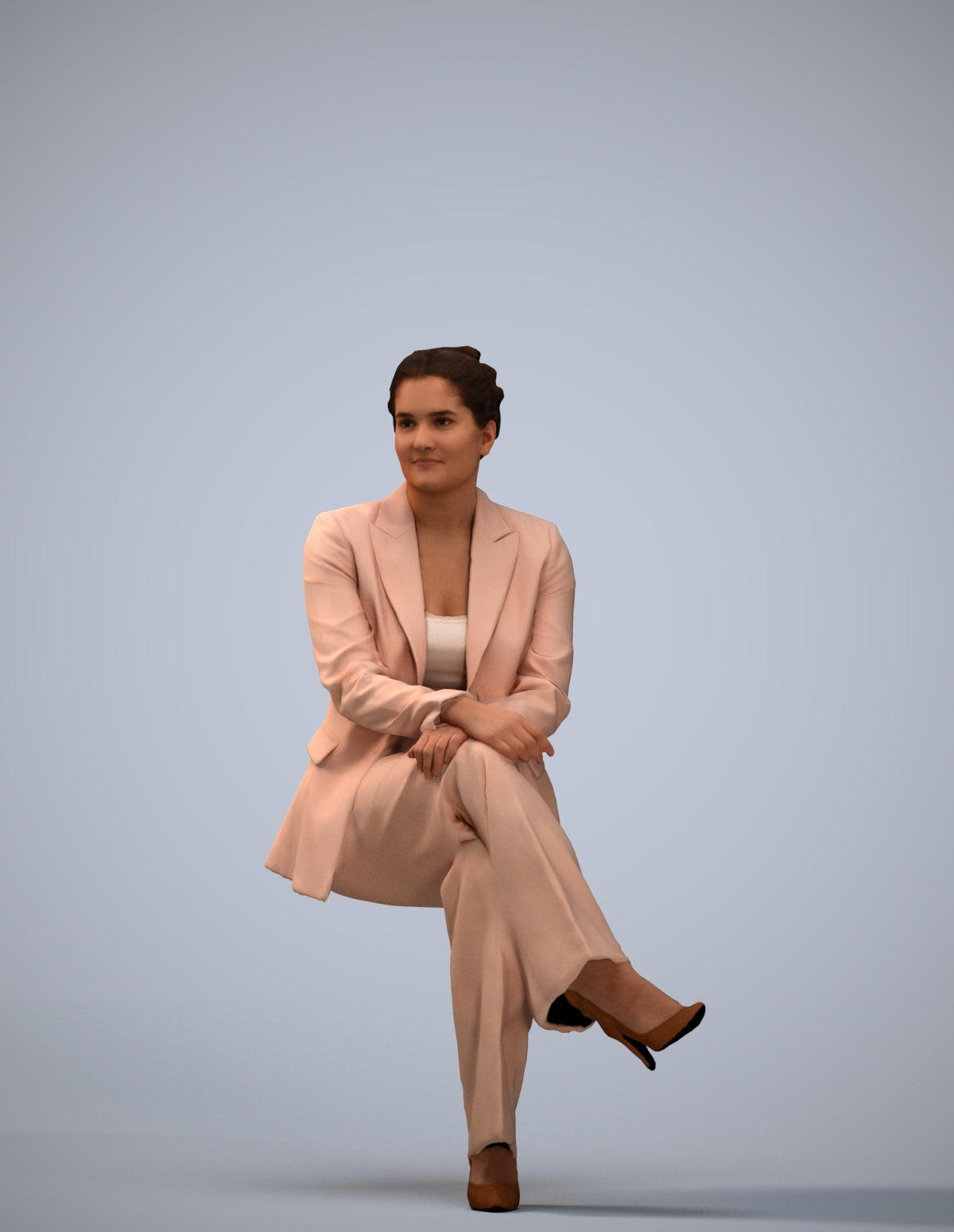 3D human model woman business sitting, photogrammetry scanned person for archviz