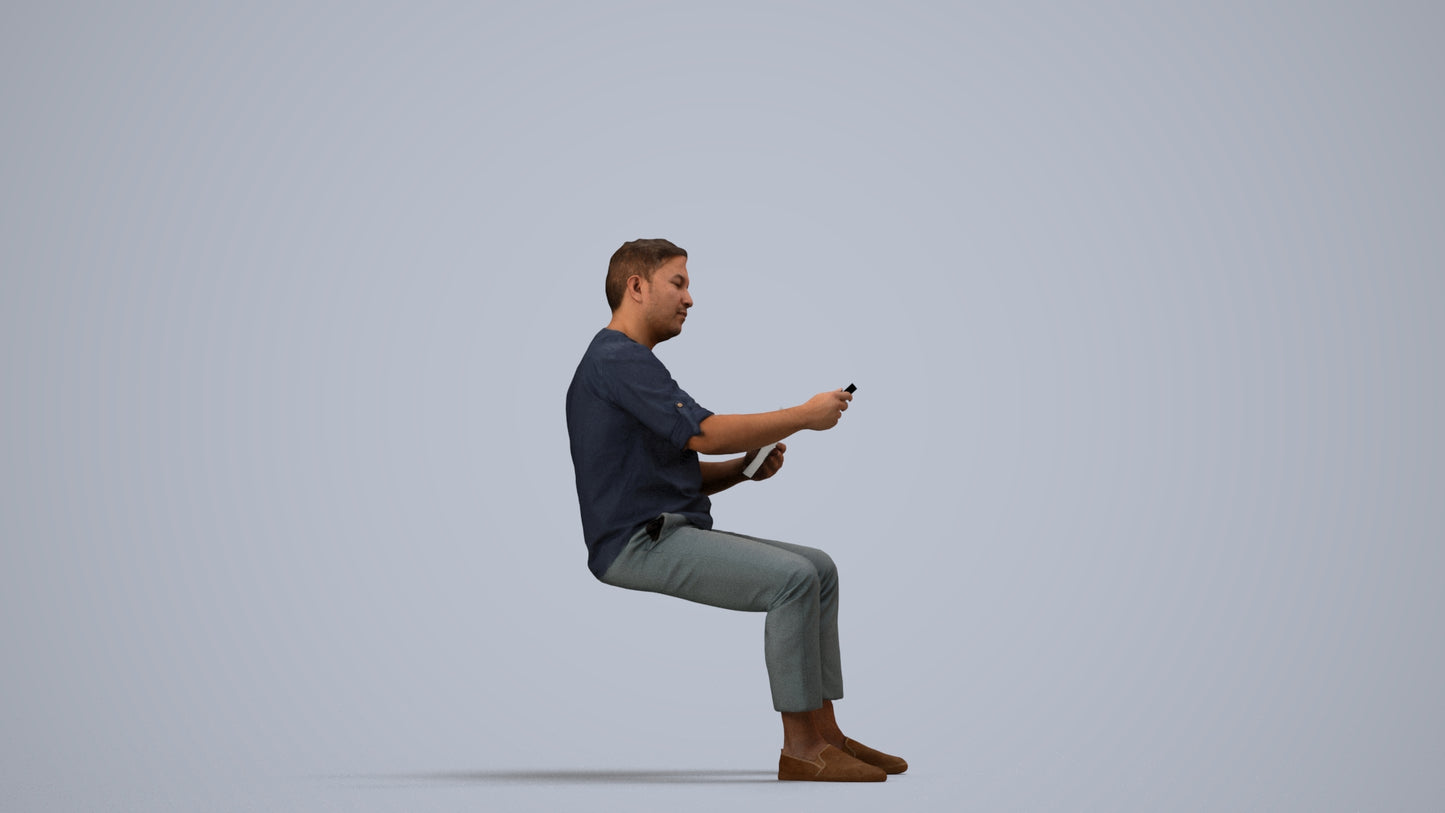 photogrammetry 3D man casual sitting, realistic human model archviz FBX, side view render