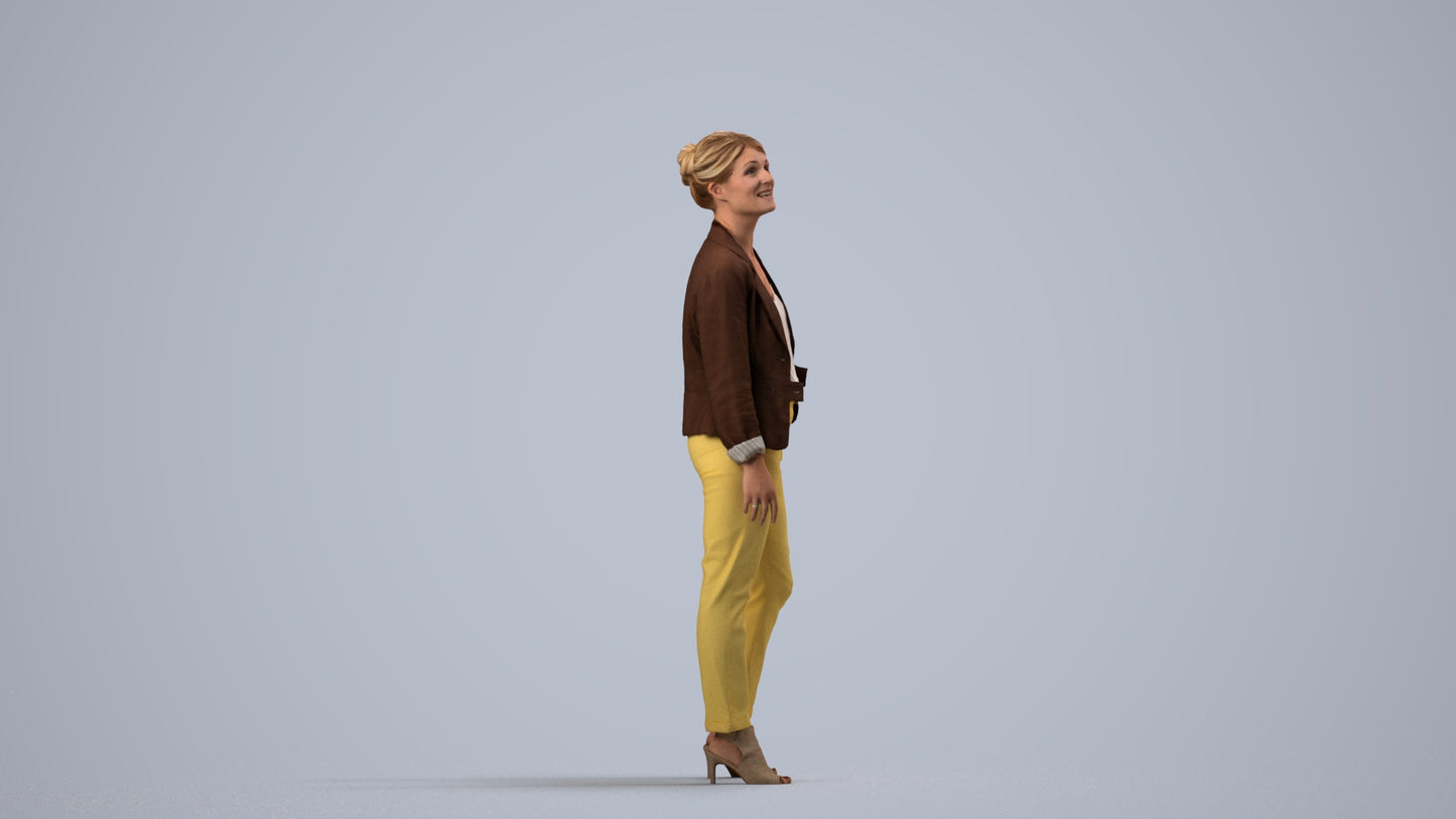 realistic 3D woman business standing, scanned archviz people for Blender and 3ds Max, side view render