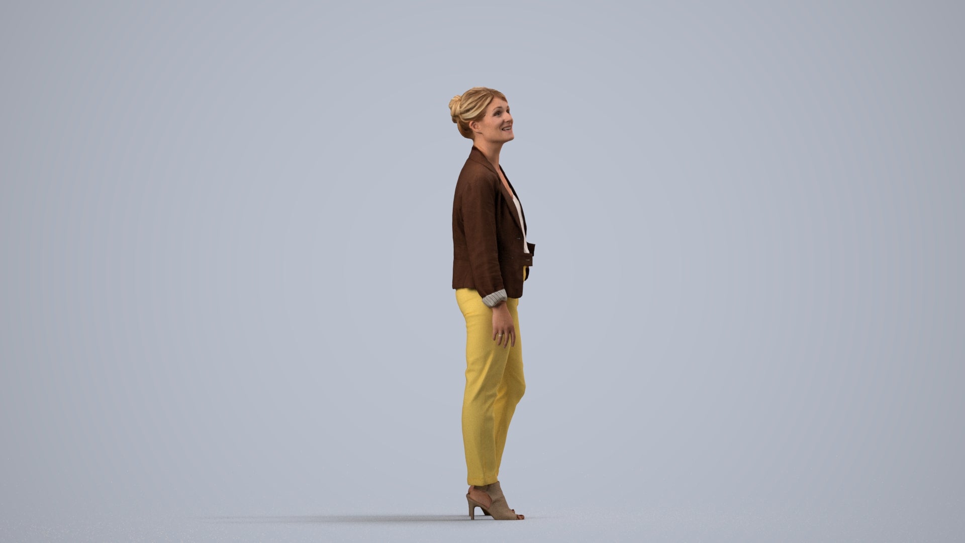 realistic 3D woman business standing, scanned archviz people for Blender and 3ds Max, side view render