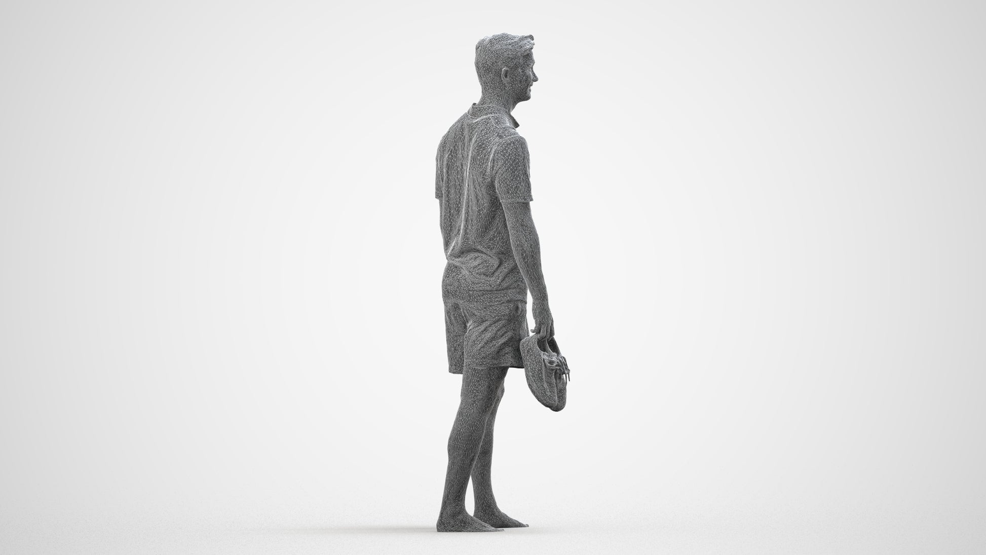 3D human model man casual walking, photogrammetry scanned person for archviz, wireframe side view