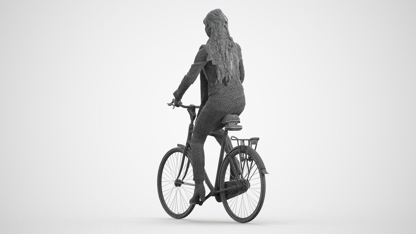 realistic 3D woman casual cycling, scanned archviz people for Blender and 3ds Max, wireframe front view