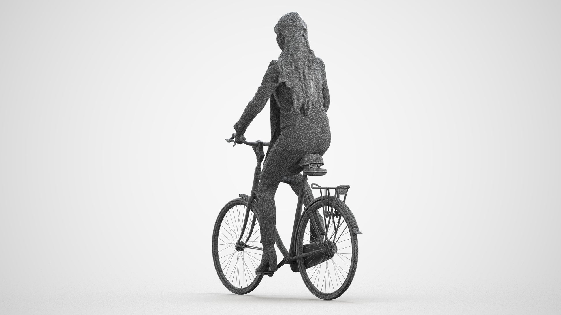 realistic 3D woman casual cycling, scanned archviz people for Blender and 3ds Max, wireframe front view