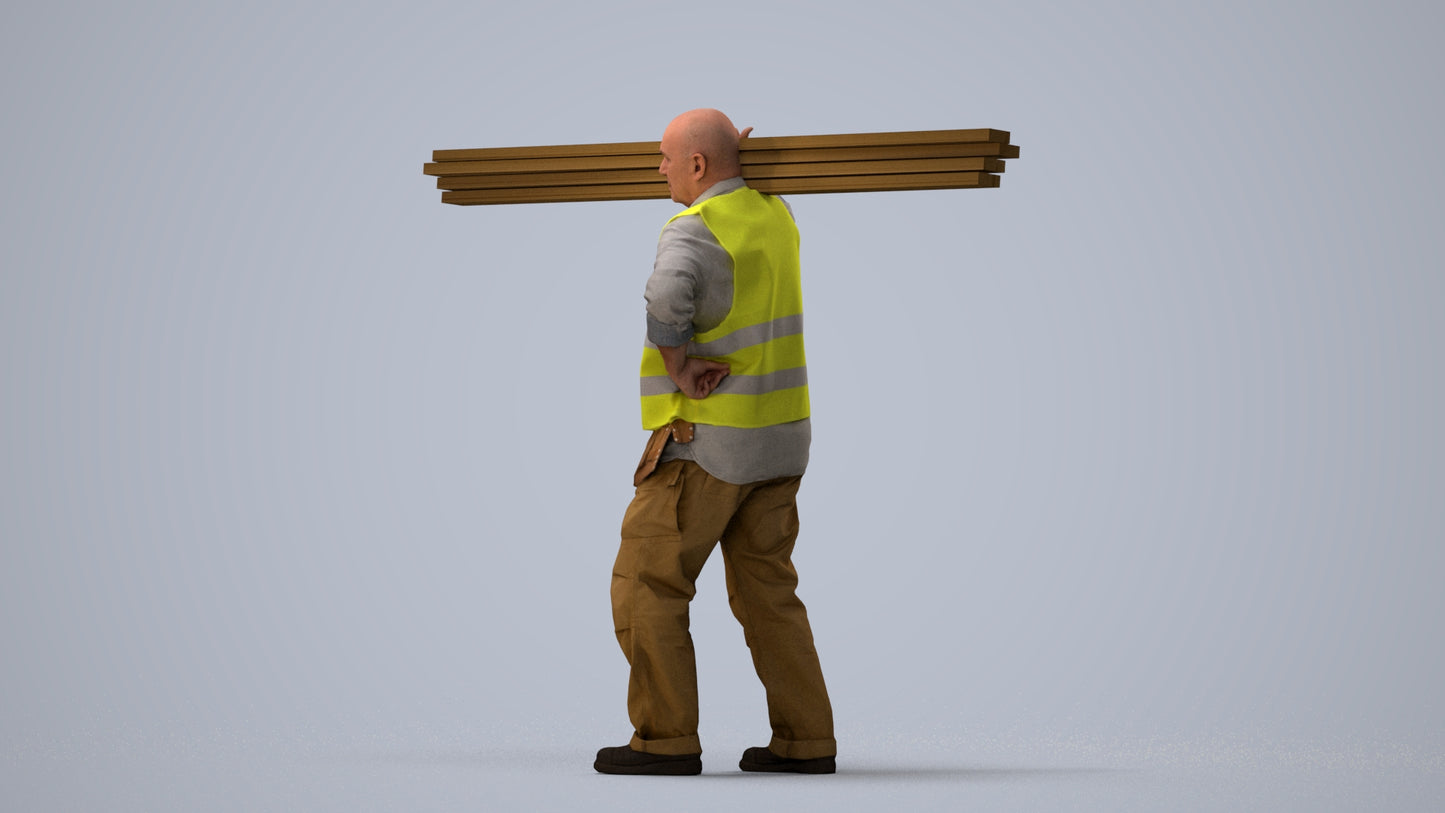 3D scanned senior man walking, photorealistic archviz people for Enscape and SketchUp, three-quarter view render