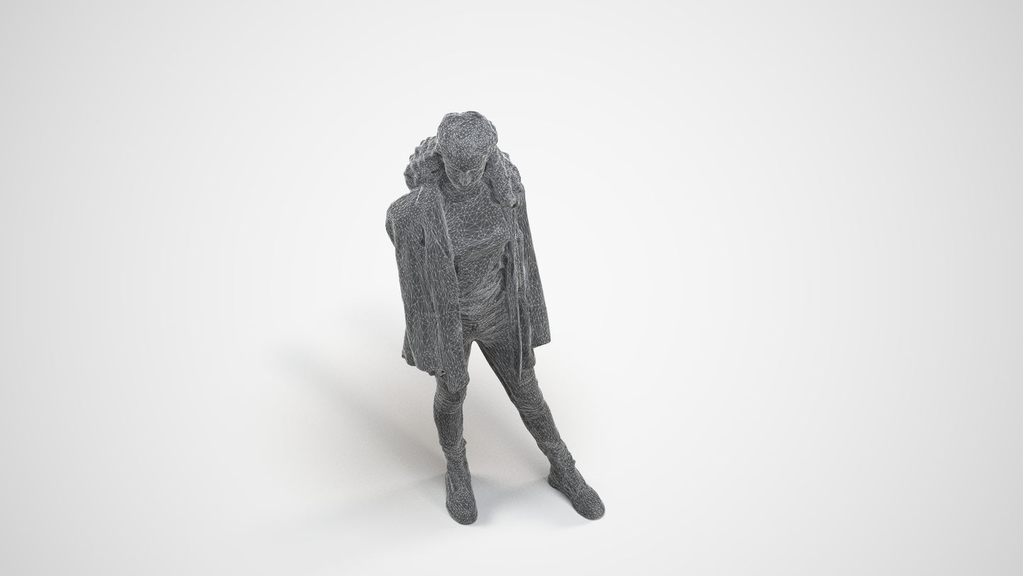 realistic 3D human woman casual standing, archviz people FBX OBJ for Blender, wireframe three-quarter view