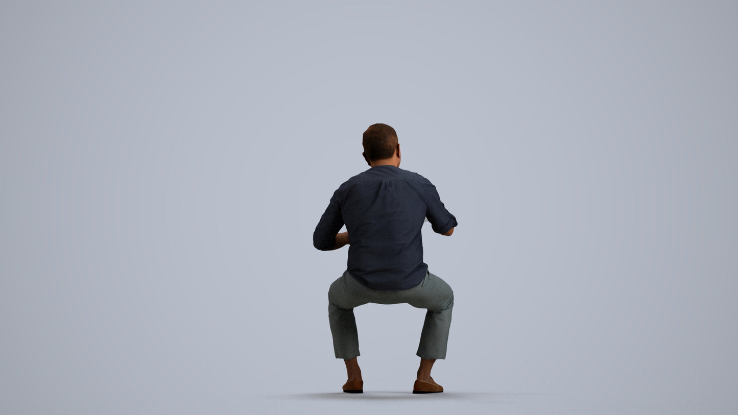 realistic 3D man casual sitting, scanned archviz people for Blender and 3ds Max, front view render