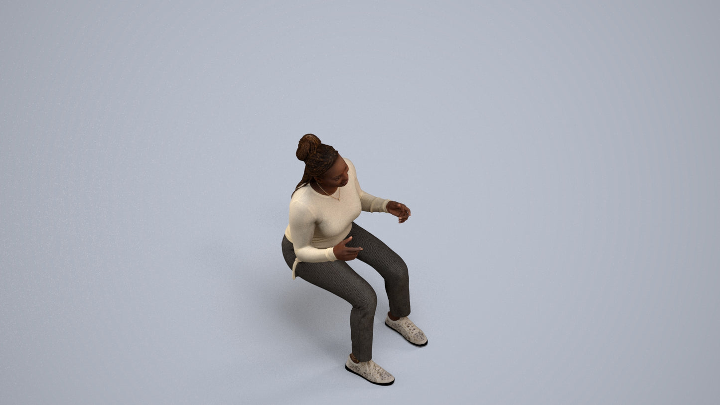 3D human model woman casual sitting, photogrammetry scanned person for archviz, back view render