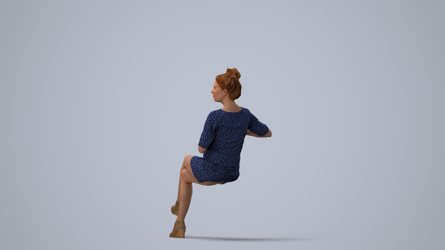 3D scanned woman sitting casual, photorealistic archviz people for Enscape and SketchUp, three-quarter view render