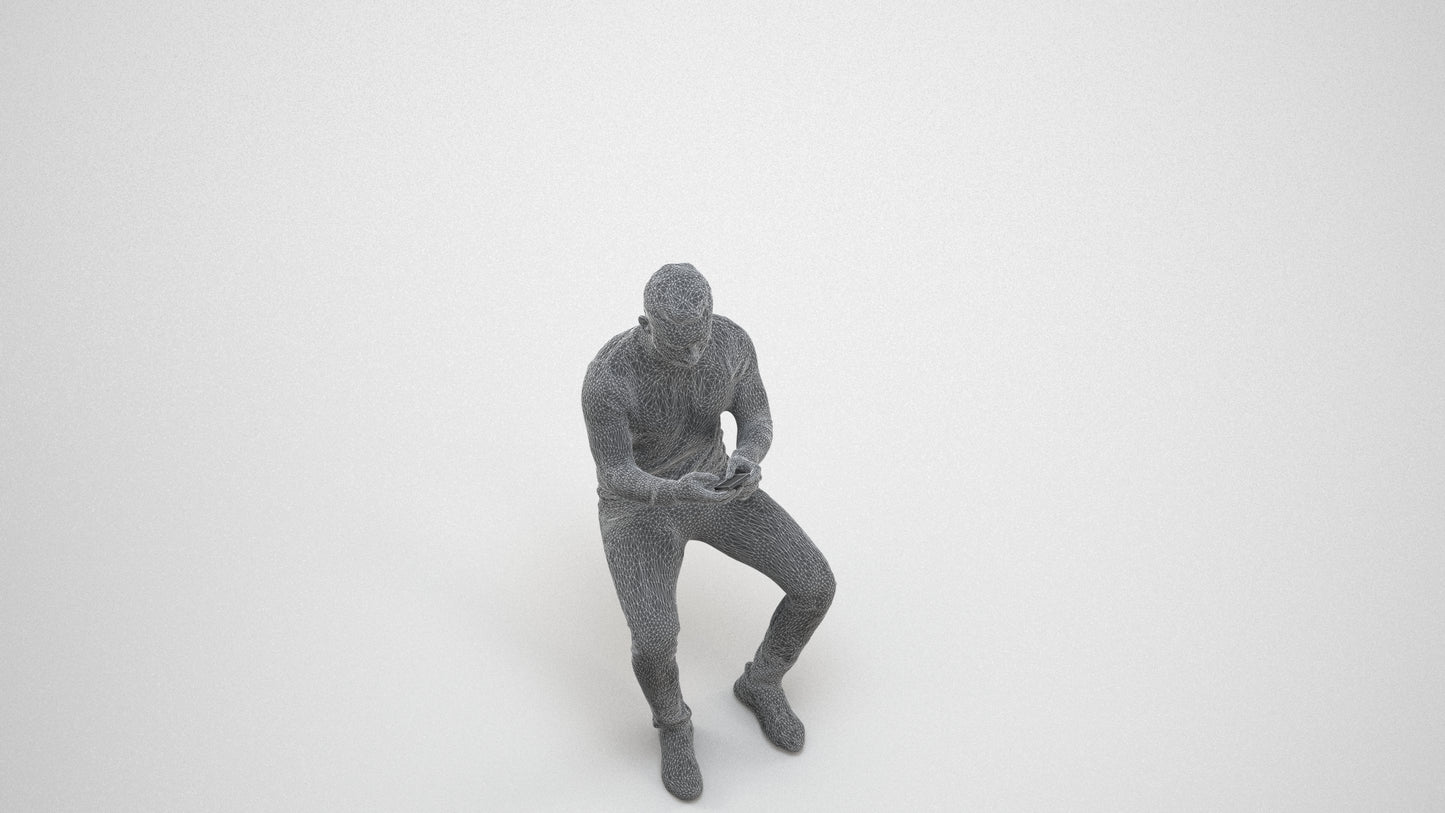 photogrammetry 3D man casual sitting, realistic human model archviz FBX, wireframe three-quarter view