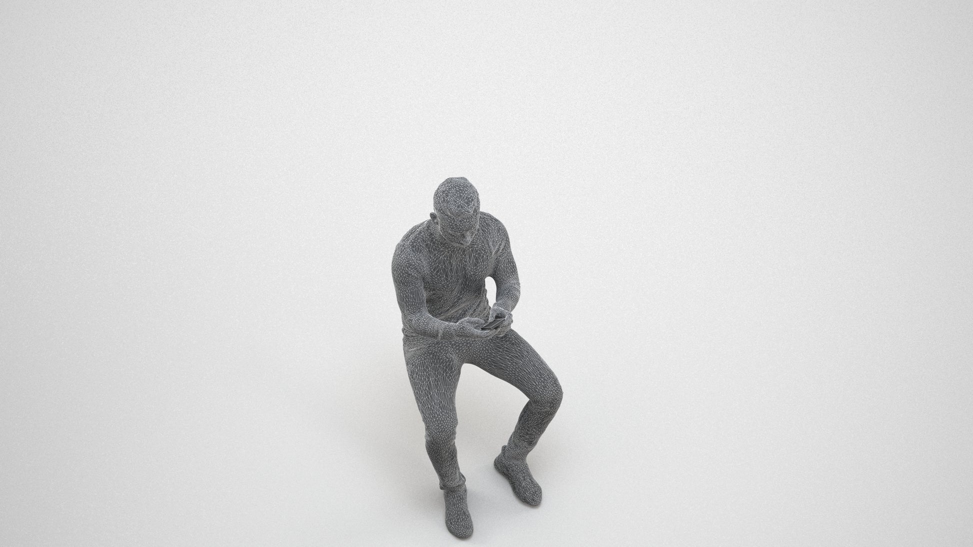 photogrammetry 3D man casual sitting, realistic human model archviz FBX, wireframe three-quarter view
