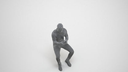 photogrammetry 3D man casual sitting, realistic human model archviz FBX, wireframe three-quarter view