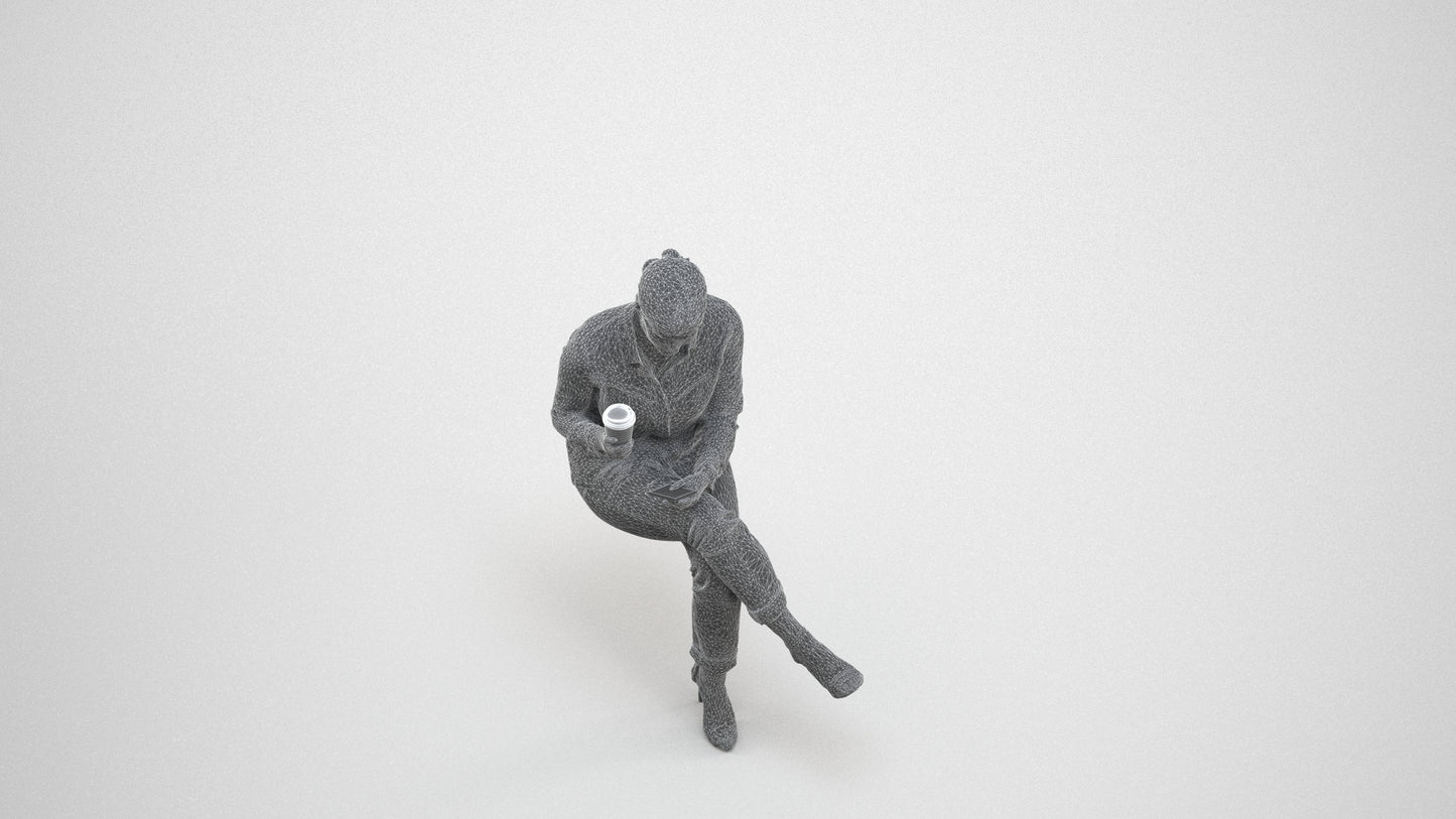 realistic 3D woman casual sitting, scanned archviz people for Blender and 3ds Max, wireframe three-quarter view