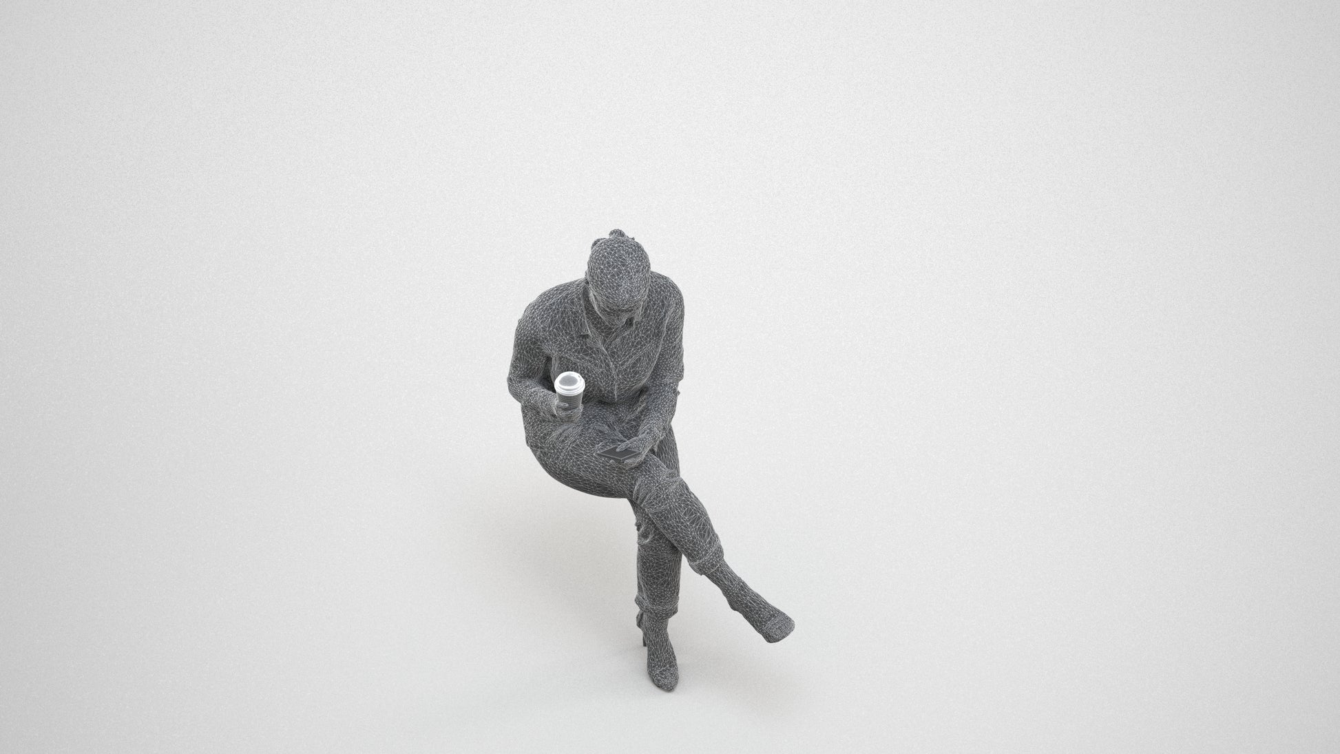 realistic 3D woman casual sitting, scanned archviz people for Blender and 3ds Max, wireframe three-quarter view