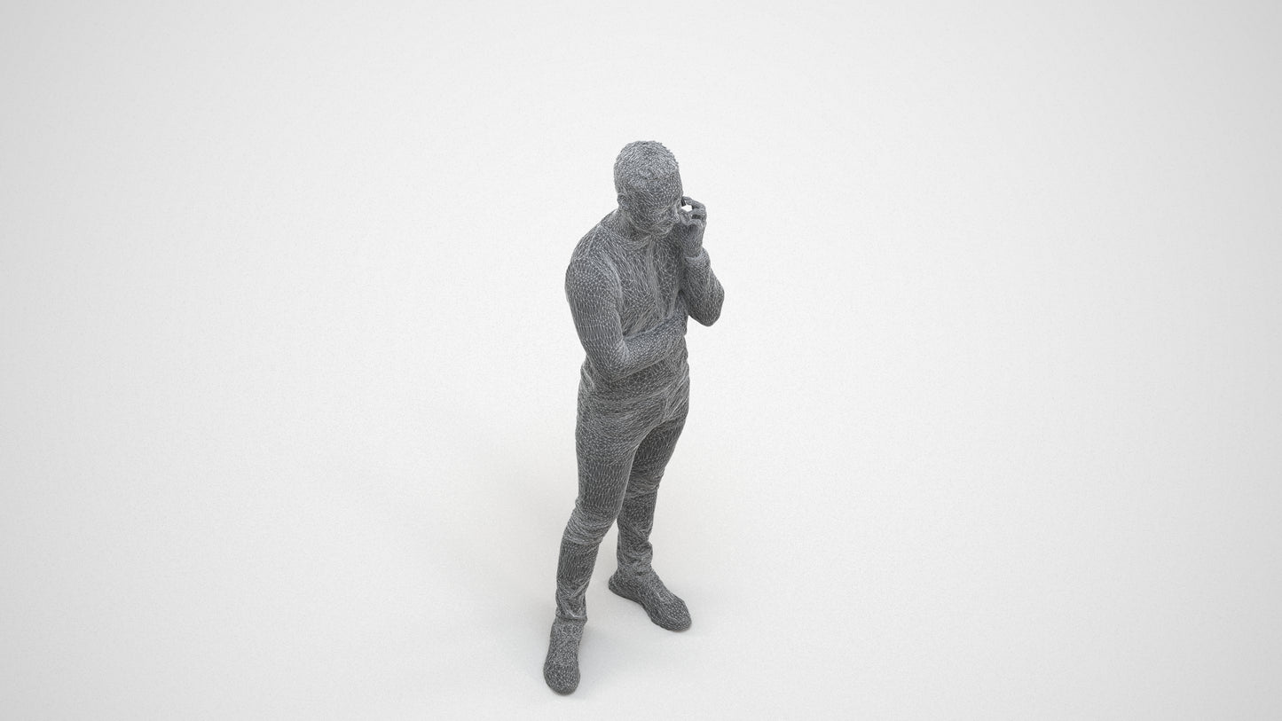 3D human model man casual standing, photogrammetry scanned person for archviz, wireframe three-quarter view