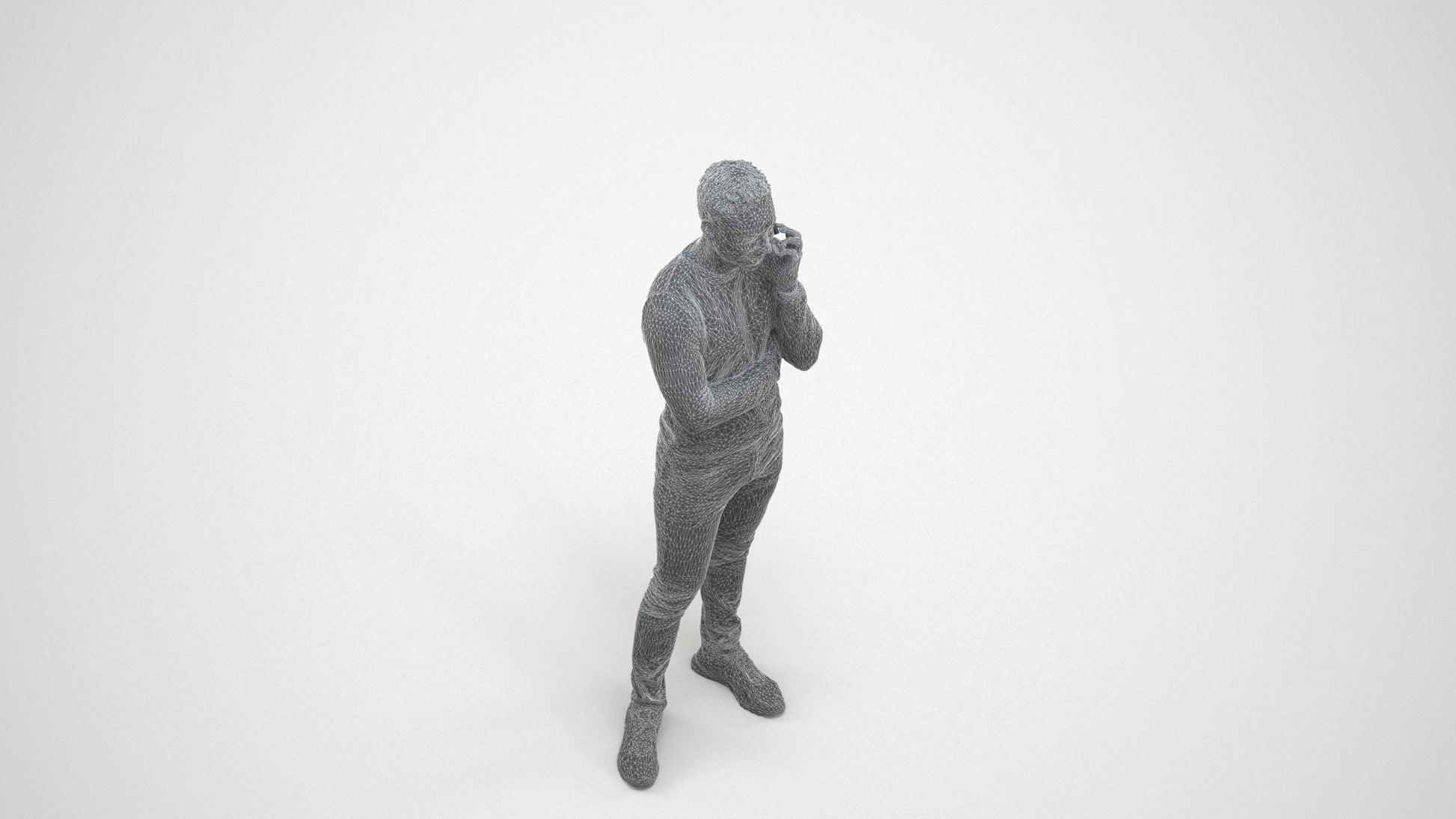 3D human model man casual standing, photogrammetry scanned person for archviz, wireframe three-quarter view