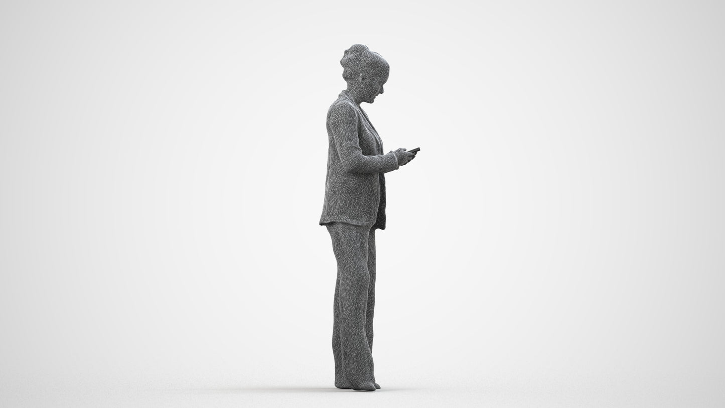 3D human model woman business standing, photogrammetry scanned person for archviz, wireframe side view