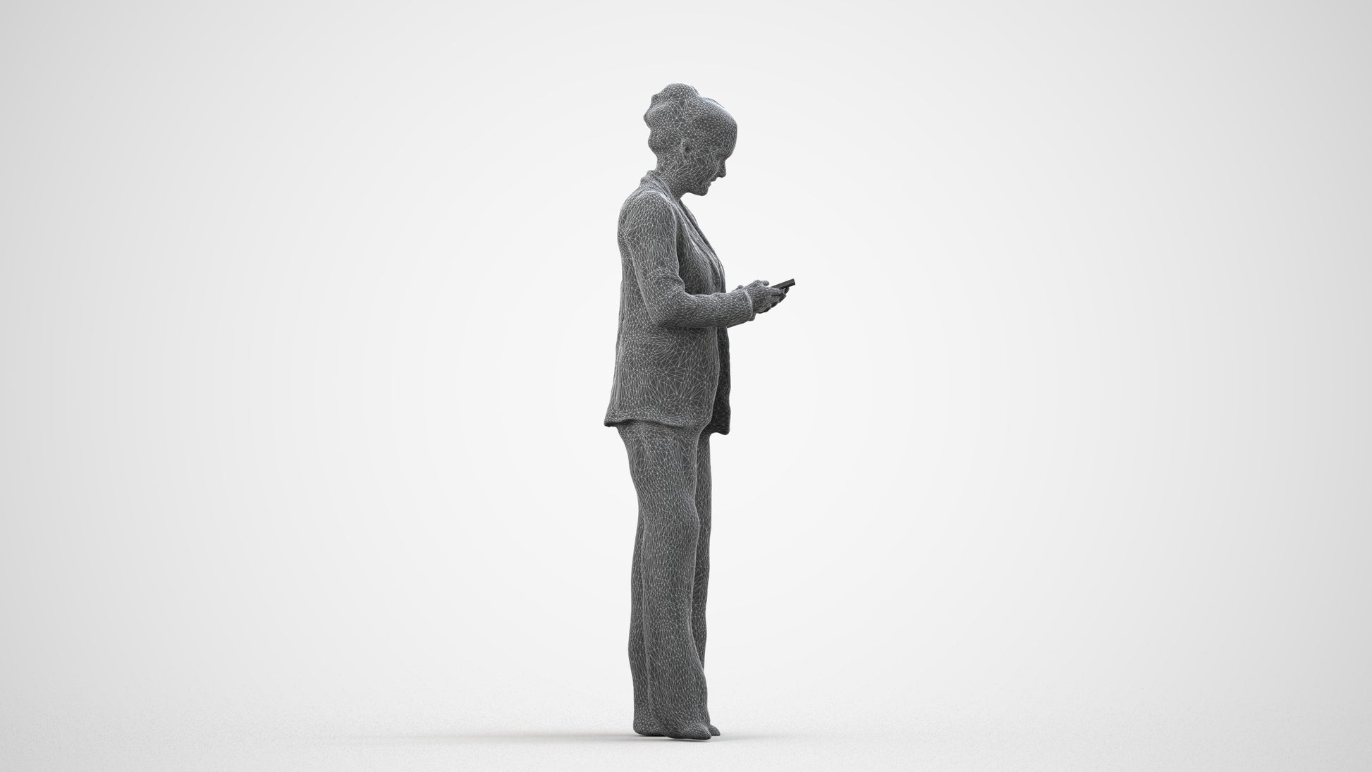 3D human model woman business standing, photogrammetry scanned person for archviz, wireframe side view