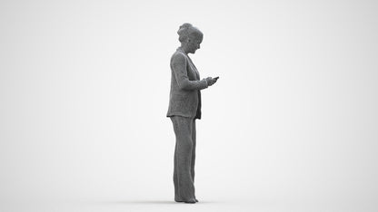 3D human model woman business standing, photogrammetry scanned person for archviz, wireframe side view