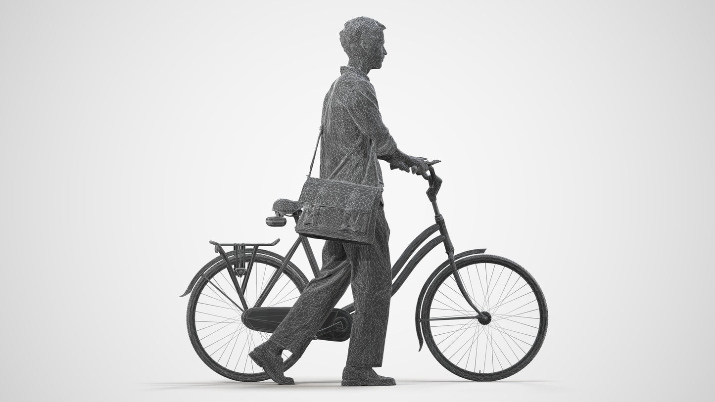 scanned 3D man casual cycling, photogrammetry people for Enscape and V-Ray, wireframe side view