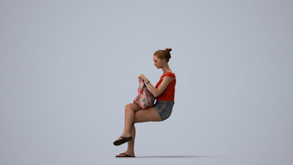 3D human model girl casual sitting, photogrammetry scanned person for archviz, three-quarter view render