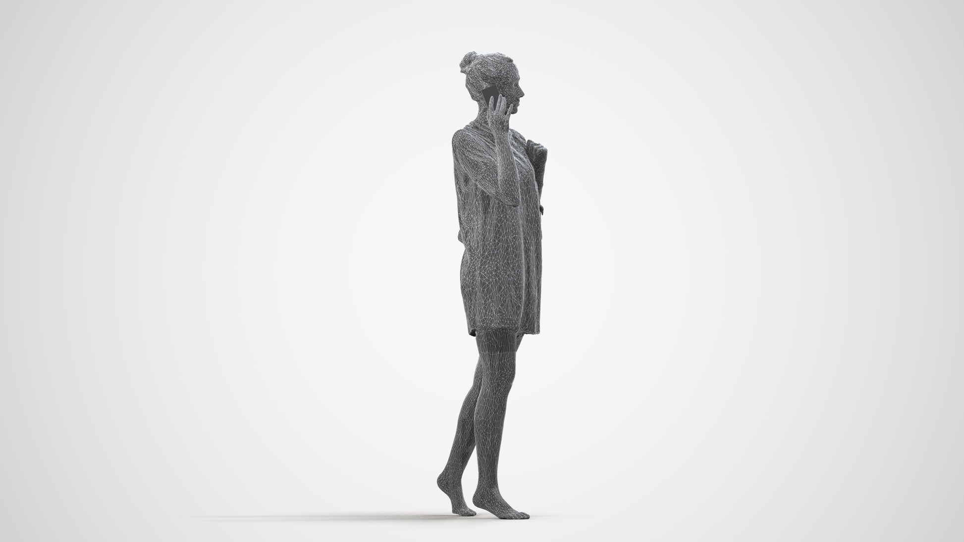 3D human model woman casual walking, photogrammetry scanned person for archviz, wireframe side view