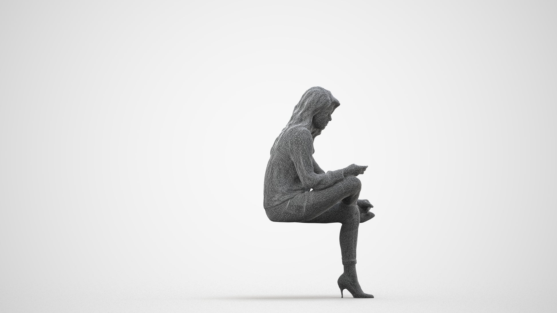 realistic 3D senior woman business sitting, scanned archviz people for Blender and 3ds Max, wireframe side view