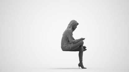 realistic 3D senior woman business sitting, scanned archviz people for Blender and 3ds Max, wireframe side view