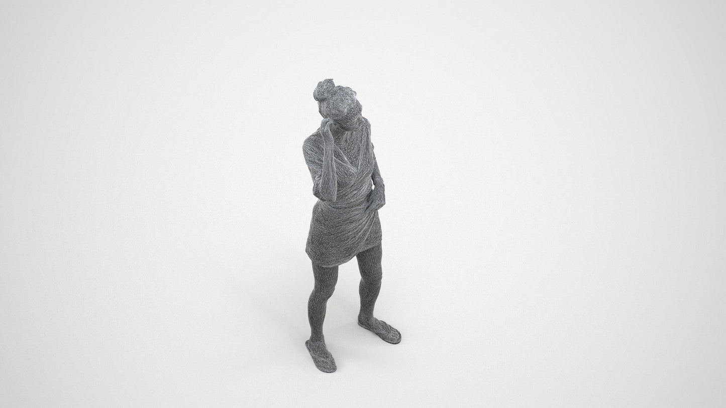 3D human model woman casual standing, photogrammetry scanned person for archviz, wireframe three-quarter view