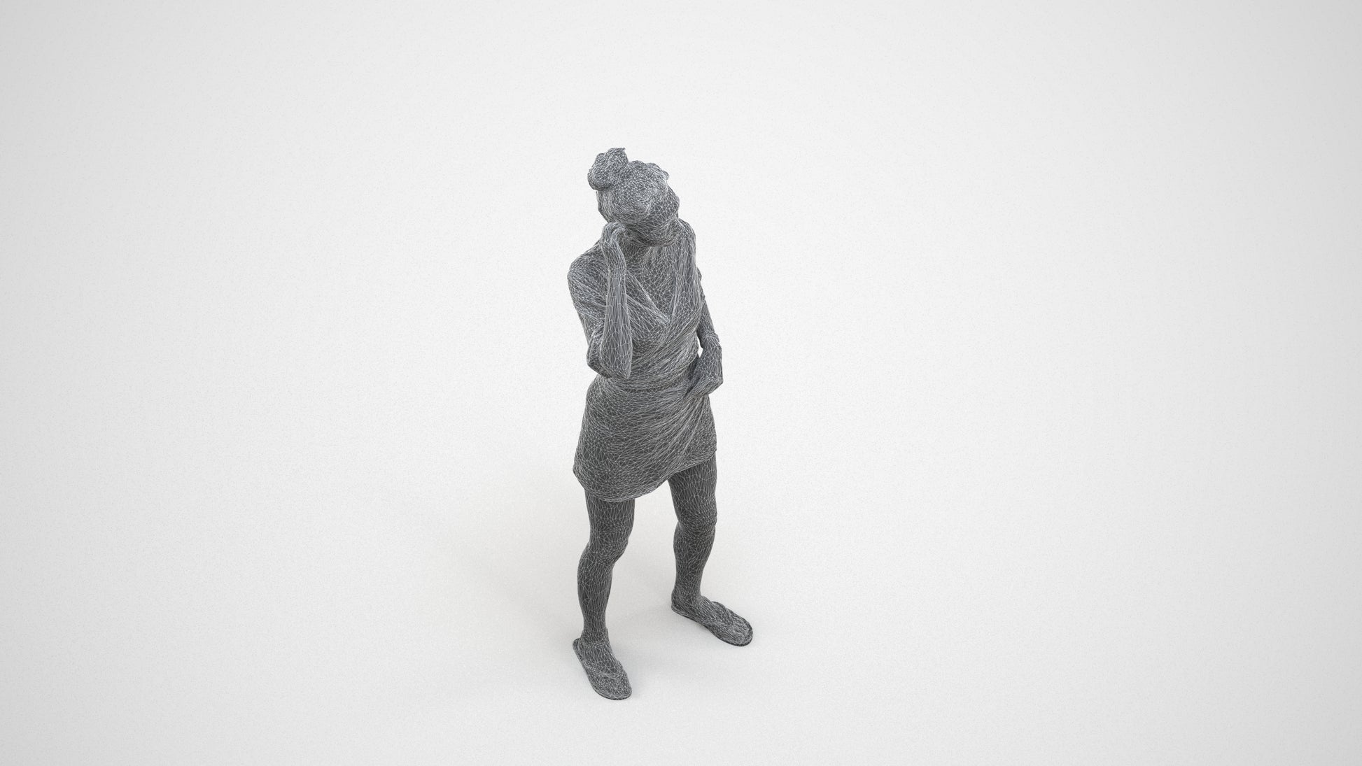 3D human model woman casual standing, photogrammetry scanned person for archviz, wireframe three-quarter view