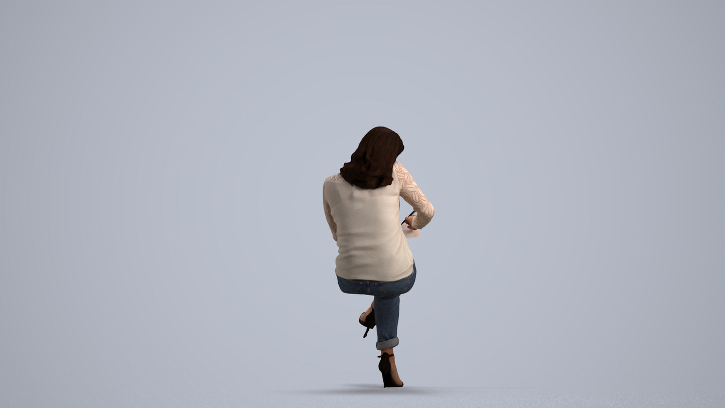 realistic 3D human woman casual sitting, archviz people FBX OBJ for Blender, front view render