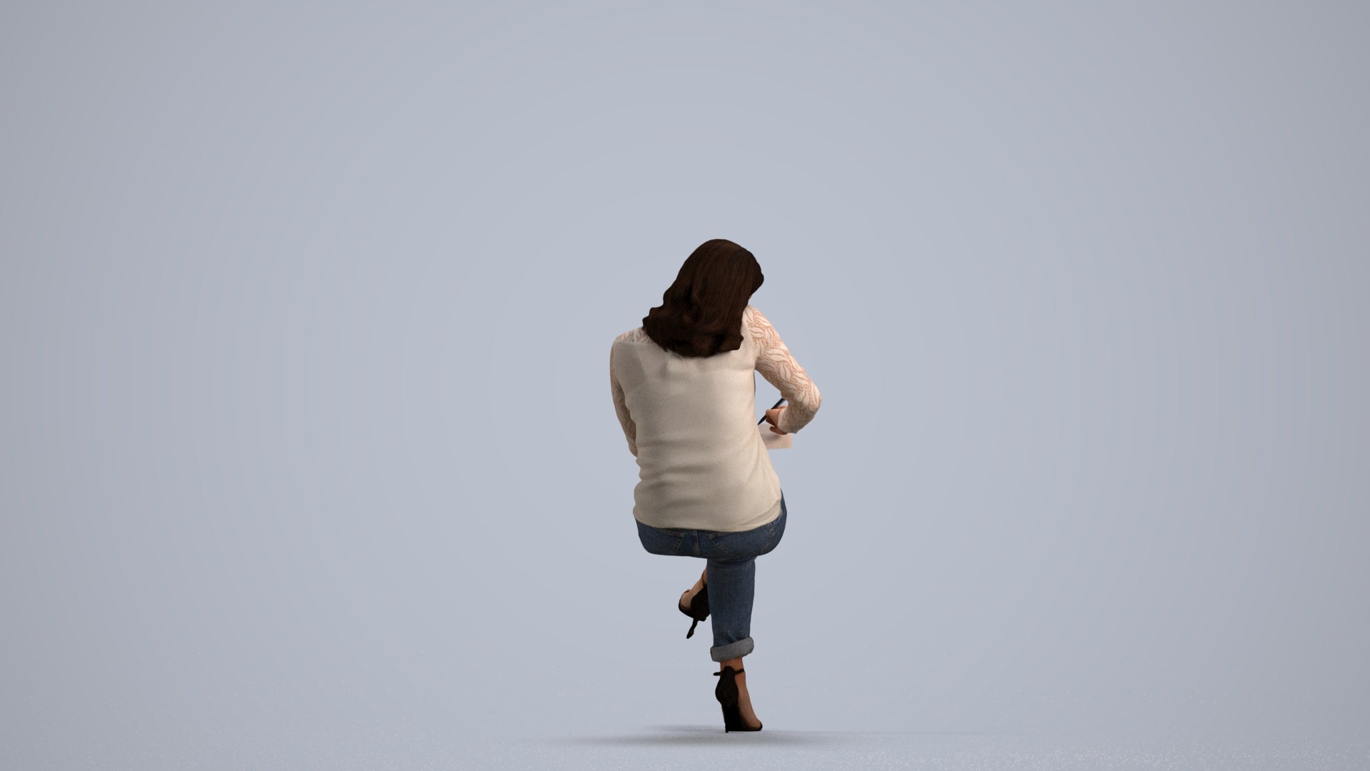 realistic 3D human woman casual sitting, archviz people FBX OBJ for Blender, front view render
