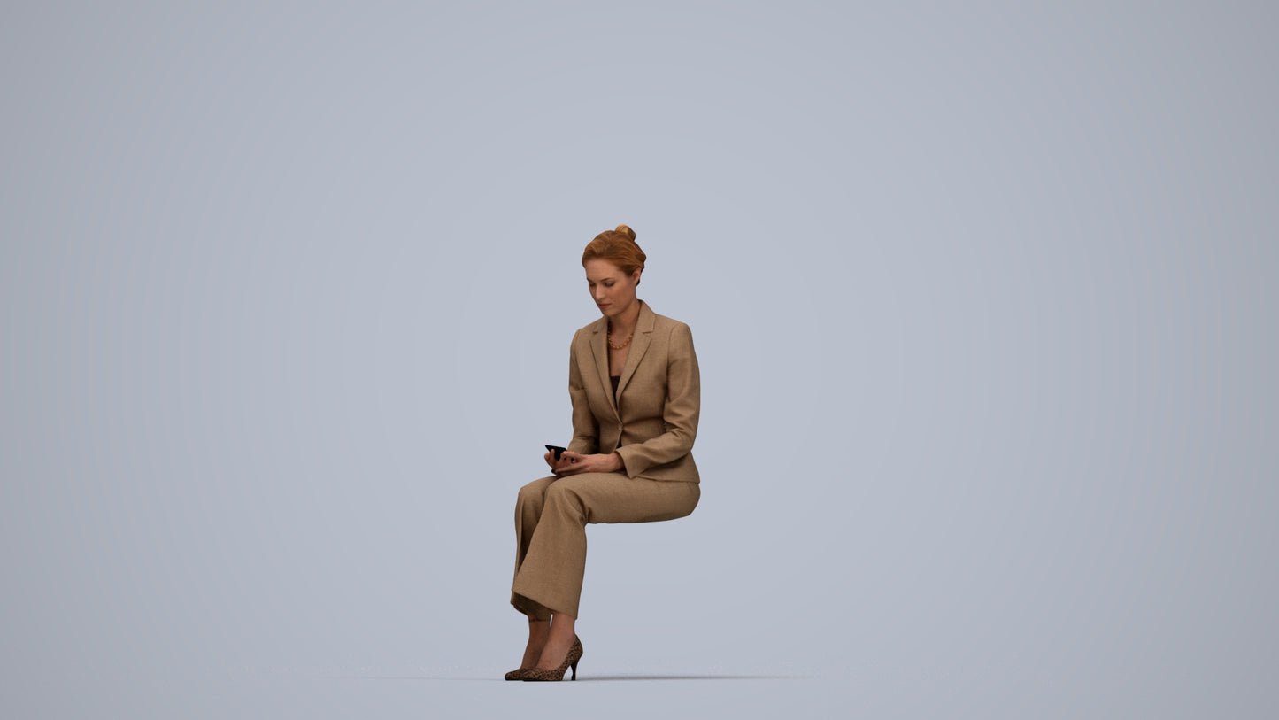 photogrammetry 3D woman business sitting, realistic human model archviz FBX, top-down view render