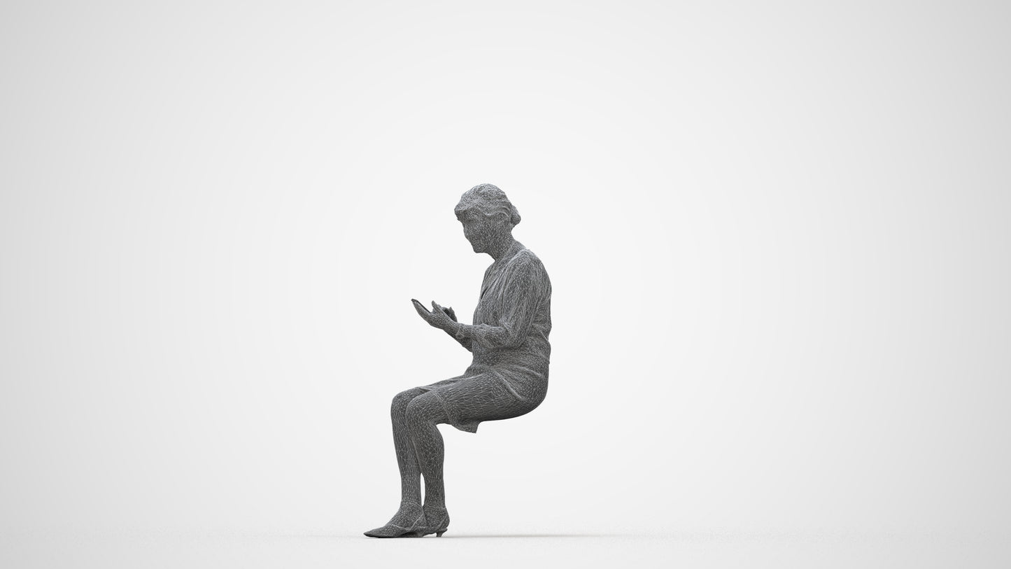 scanned 3D senior woman business sitting, photogrammetry people for Enscape and V-Ray, wireframe back view