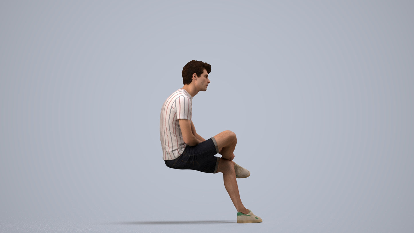 realistic 3D human man casual sitting, archviz people FBX OBJ for Blender, side view render