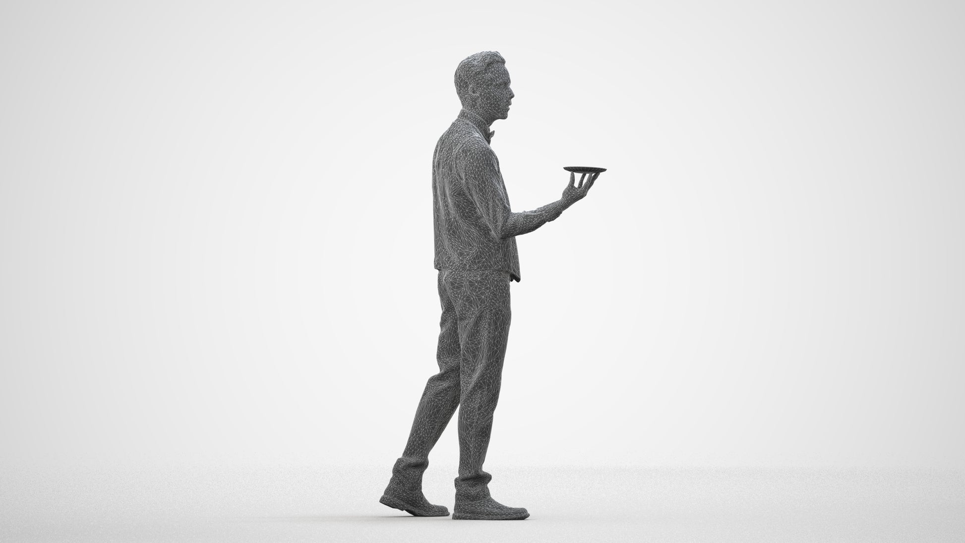 3D people model man hospitality, scanned human for 3ds Max rendering, wireframe side view