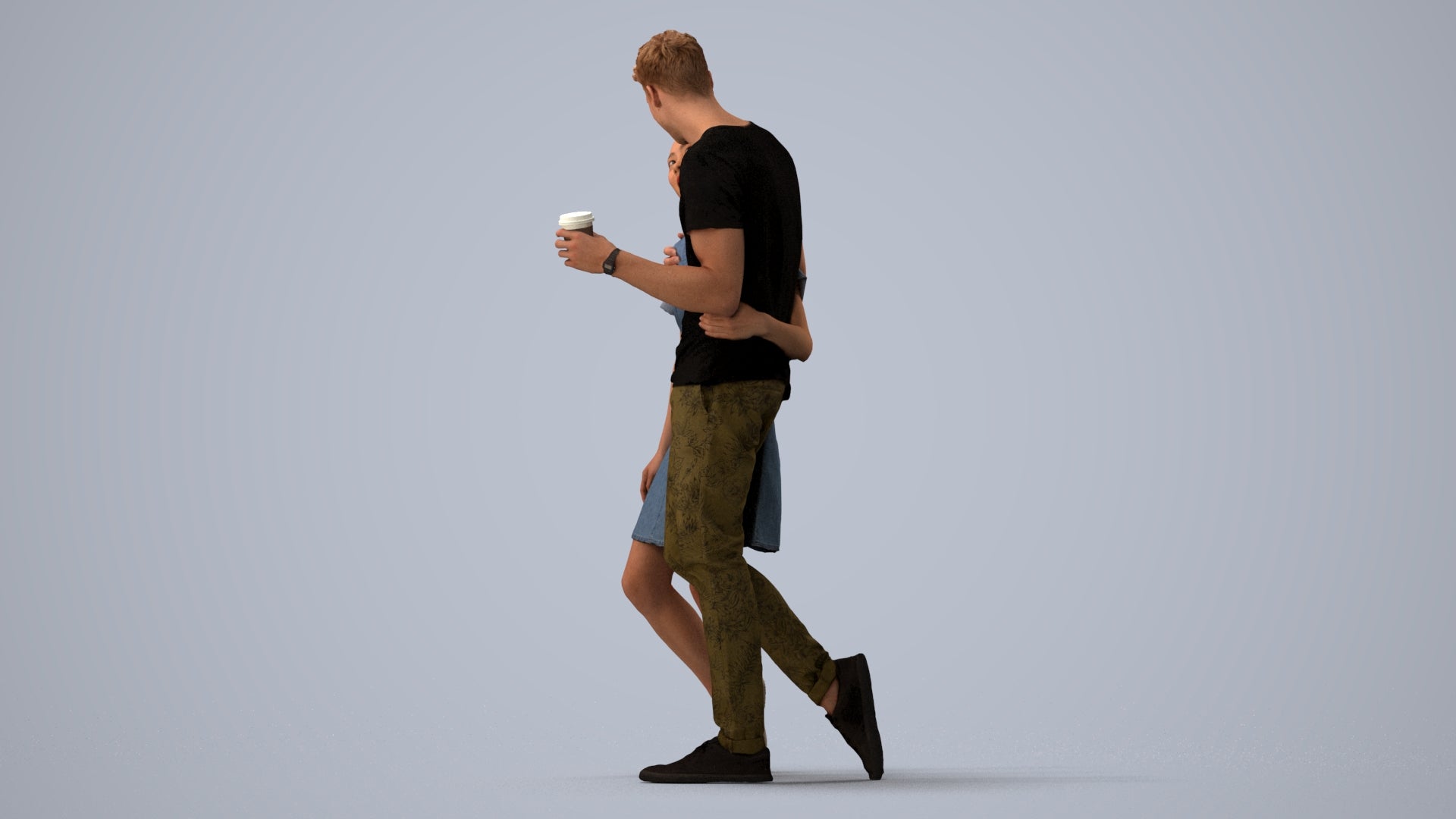 realistic 3D human woman casual couple, archviz people FBX OBJ for Blender, three-quarter view render