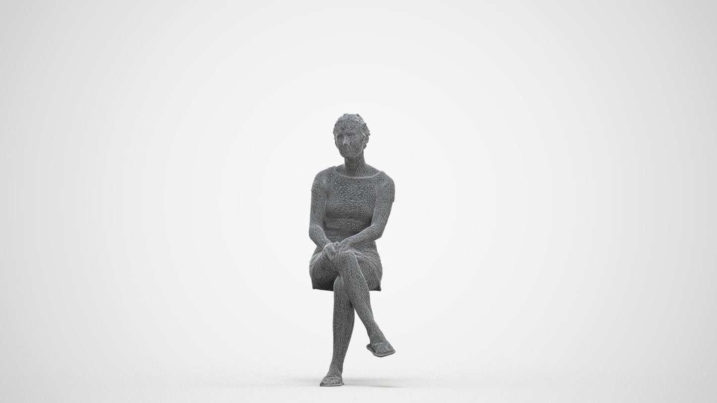 3D scanned woman sitting casual, photorealistic archviz people for Enscape and SketchUp, three-quarter front view render