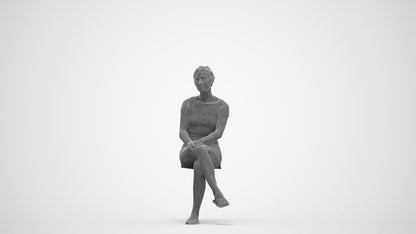 3D scanned woman sitting casual, photorealistic archviz people for Enscape and SketchUp, three-quarter front view render