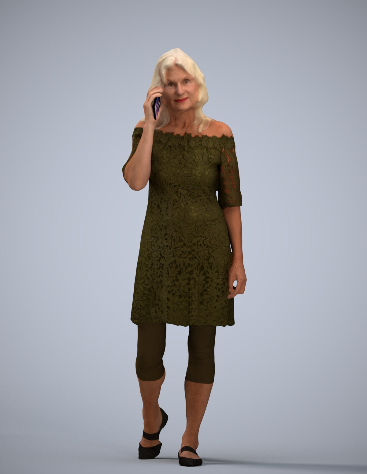 3D human model senior woman casual walking, photogrammetry scanned person for archviz