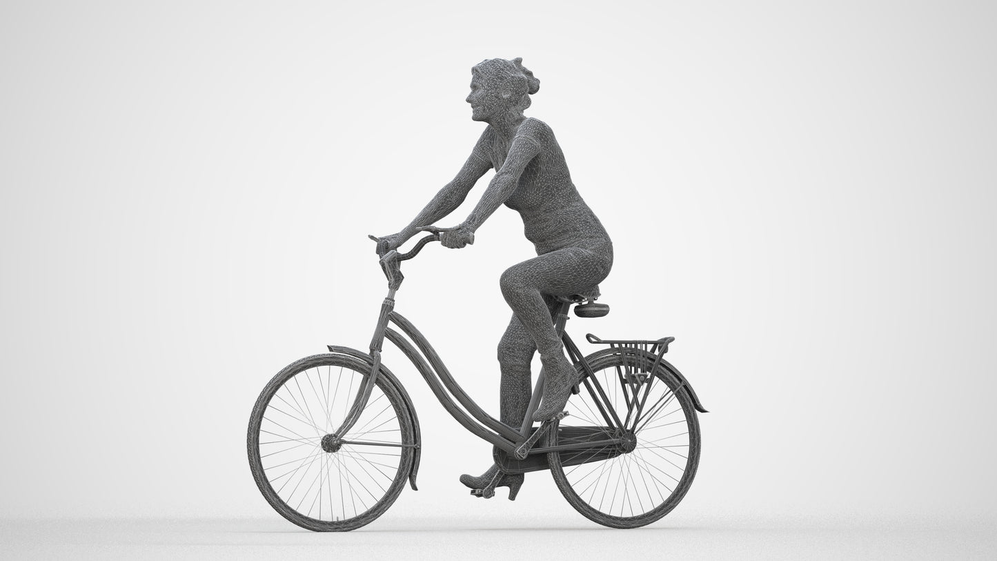 scanned 3D senior woman casual cycling, photogrammetry people for Enscape and V-Ray, wireframe back view