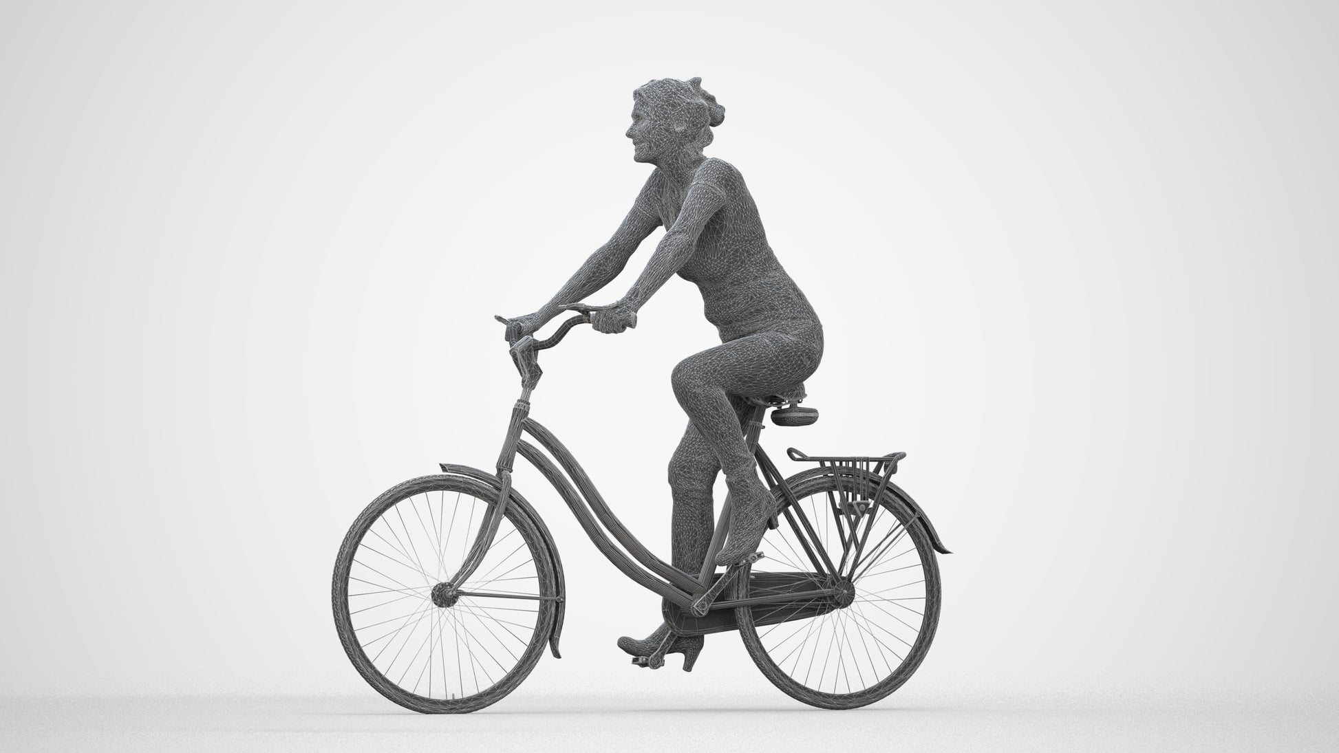 scanned 3D senior woman casual cycling, photogrammetry people for Enscape and V-Ray, wireframe back view