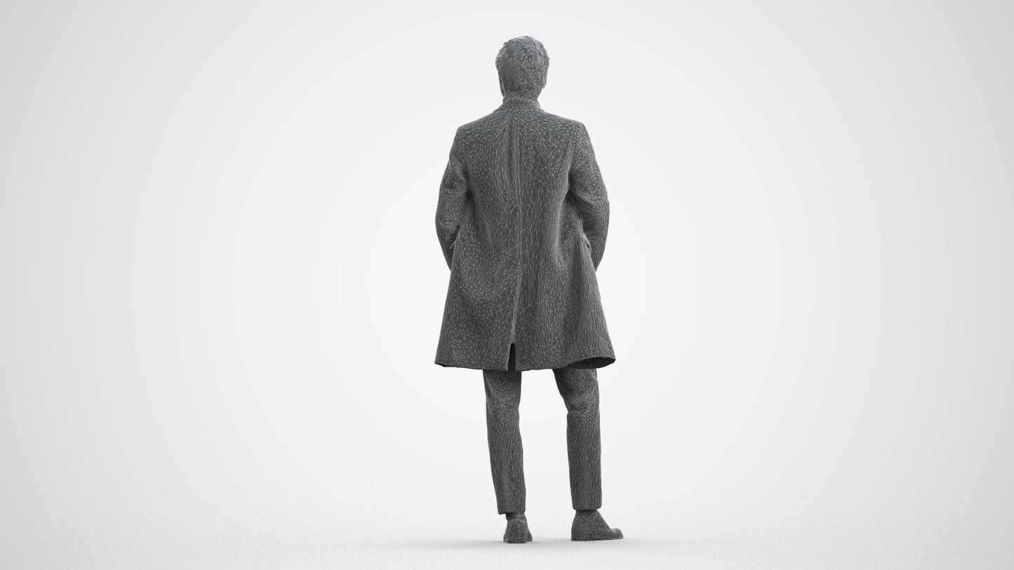 3D scanned man standing business, photorealistic archviz people for Enscape and SketchUp, wireframe front view