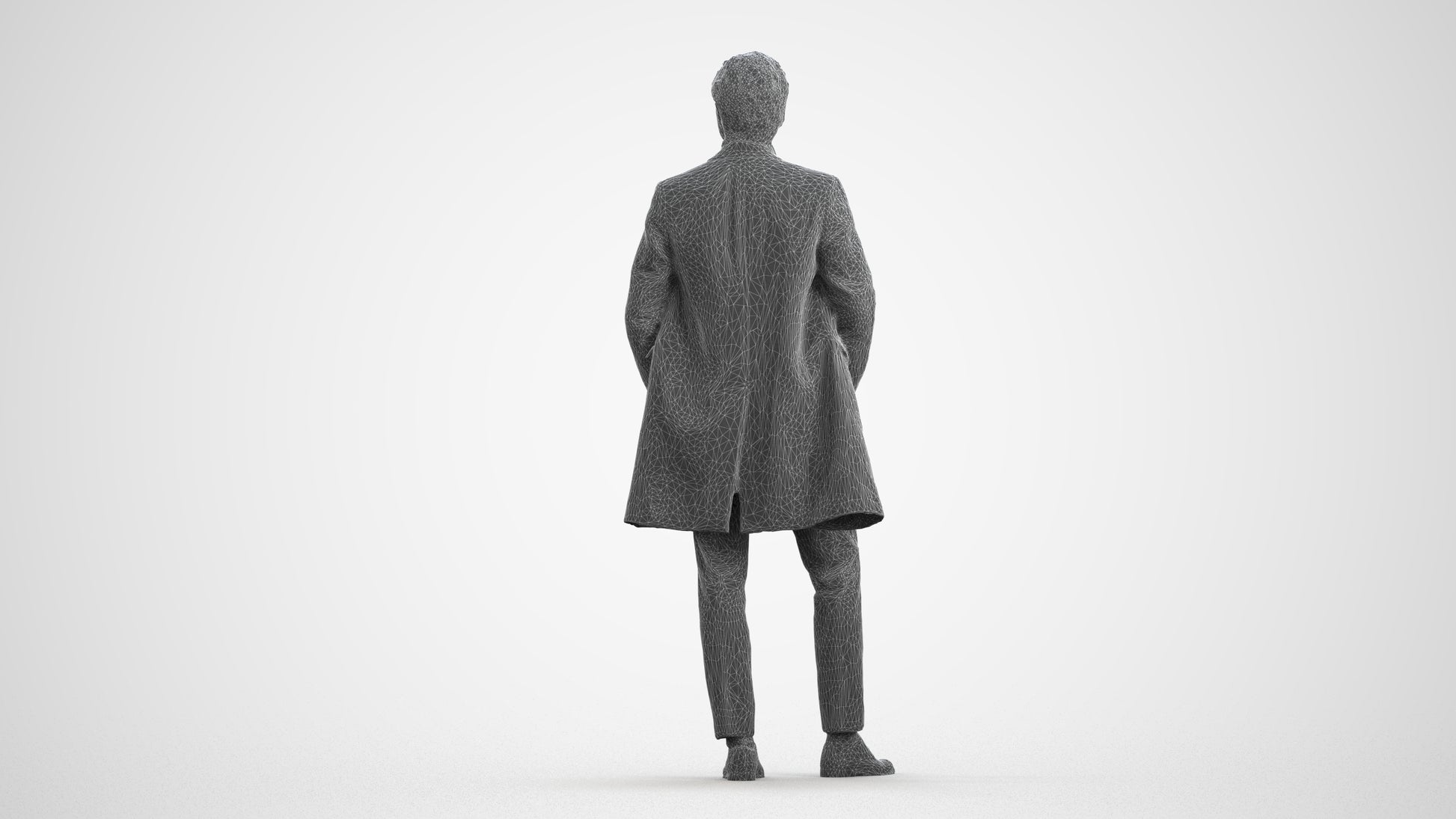 3D scanned man standing business, photorealistic archviz people for Enscape and SketchUp, wireframe front view