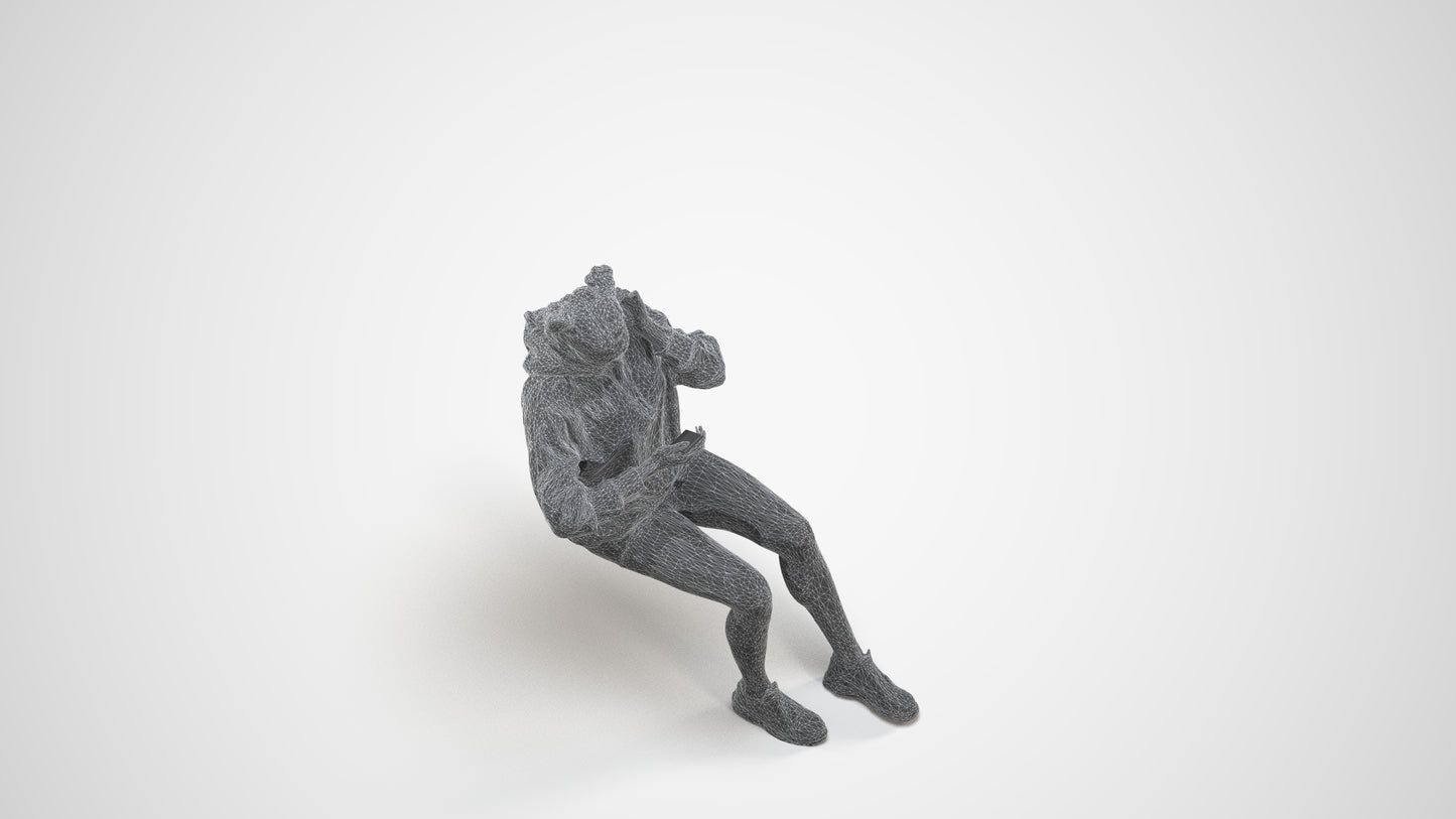 realistic 3D human woman casual sitting, archviz people FBX OBJ for Blender, wireframe three-quarter view