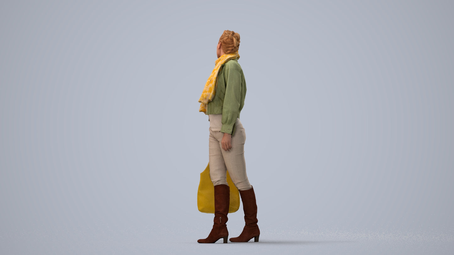 3D human model woman casual walking, photogrammetry scanned person for archviz, three-quarter view render
